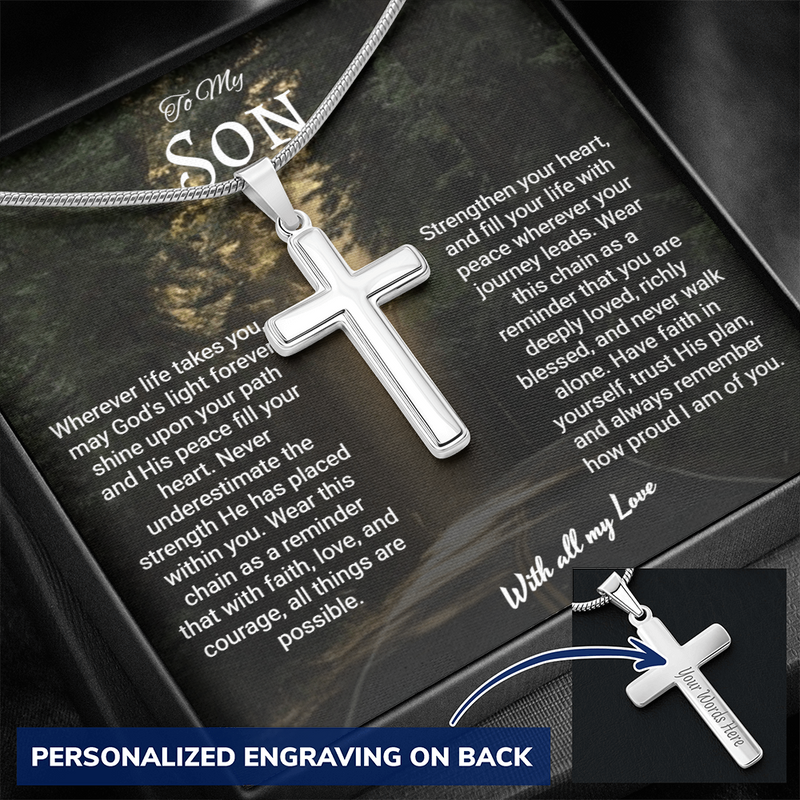 To My Son - Personalized Cross Necklace - Snake Chain