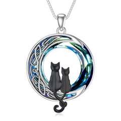 TOUPOP Black and Black Cats Necklace Two Cats Jewelry 925 Sterling Silver Cats on the Moon Necklace with Blue Circle Crystal Cat Lovers Celtic Jewelry Gifts for Women Birthday Christmas