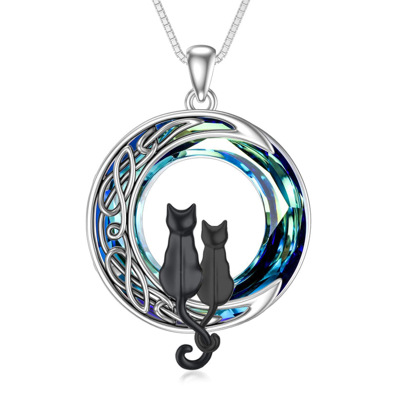 TOUPOP Black and Black Cats Necklace Two Cats Jewelry 925 Sterling Silver Cats on the Moon Necklace with Blue Circle Crystal Cat Lovers Celtic Jewelry Gifts for Women Birthday Christmas
